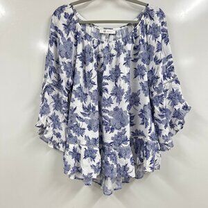 Medium Blue & White Floral Boho Peasant Top | Bell Sleeve Ruffle Blouse Cottage